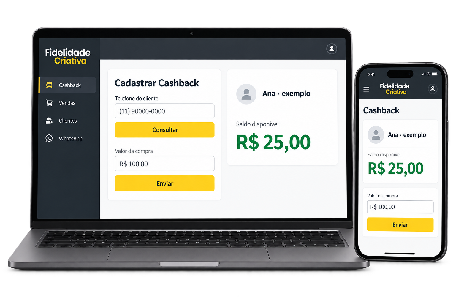 Representação do Fidelidade Criativa atualizado no notebook e celular, com cadastro de cashback e consulta de saldo.