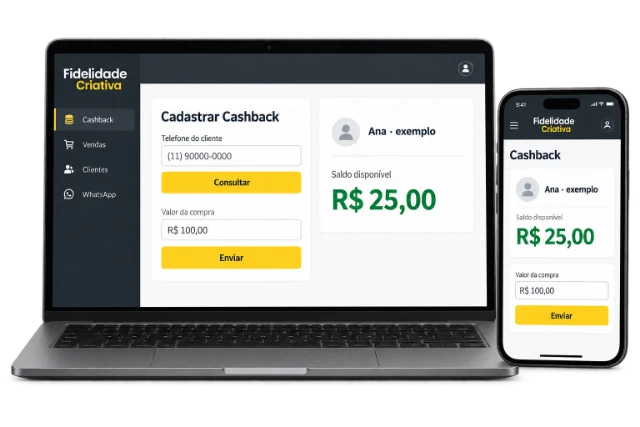 Exemplo ilustrativo do painel de cashback e das mensagens no celular